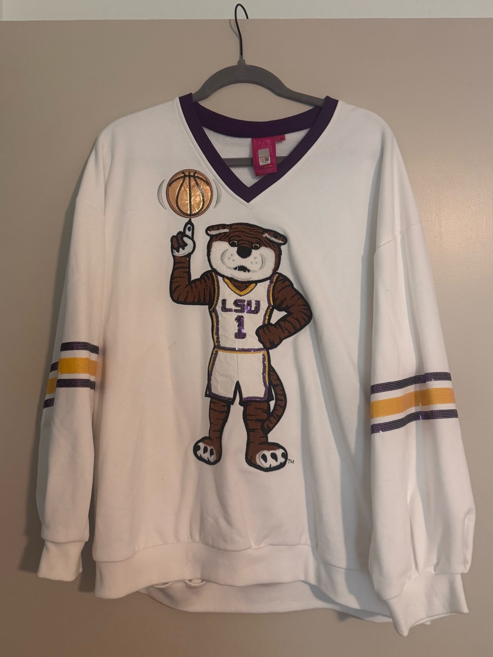 Queen of Sparkles LSU Tigers Basketball White Mascot Pullover Sweatshirt